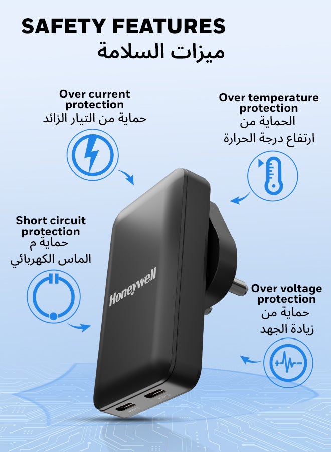 هوني ويل شاحن حائط زست فائق النحافة GaN بقوة 45 واط مع دعم PD 3.0 مزدوج Type-C، شحن فائق السرعة، متوافق مع آيفون، آيباد برو، بيكسل، جالاكسي، ون بلس، الأجهزة اللوحية والساعات الذكية - - Image 3