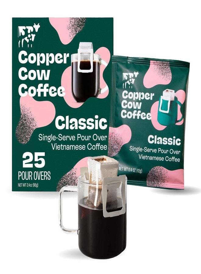 Copper Cow Coffee أكياس قهوة كوبر كاو الفاخرة لتحضير القهوة الفيتنامية المقطرة (عبوة من 25 كيسًا) | أسود كلاسيكي | تحميص داكن | أكياس قهوة فيتنامية مطحونة عملية، مناسبة للسفر - Image 1