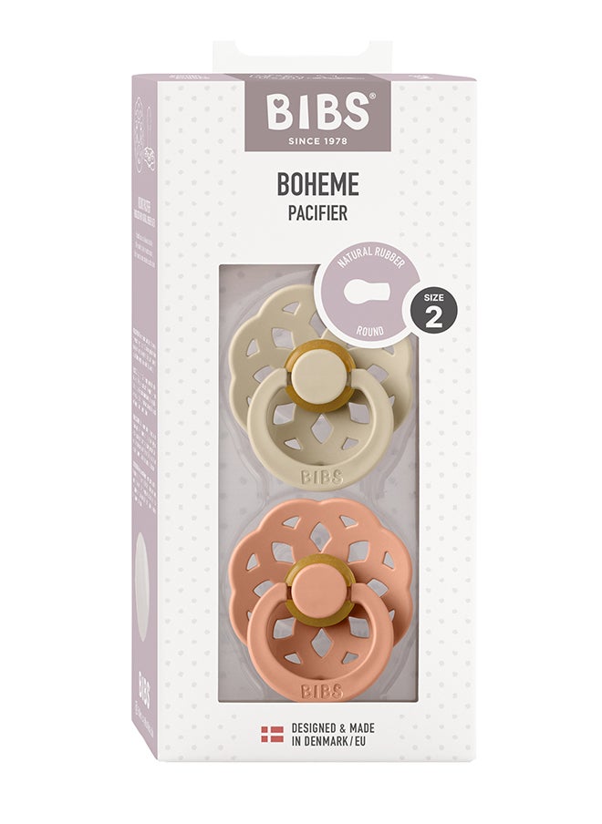 BIBS - Baby Pacifier Boheme, Made with Natural Rubber Latex, Round Nipple, Mouth Skin Sensitive, Soft, Flexible, For Babies 6 Months and Above, BPA-free, Vanilla/ Peach Colour, Pack of 2, Size 2 - Image 1