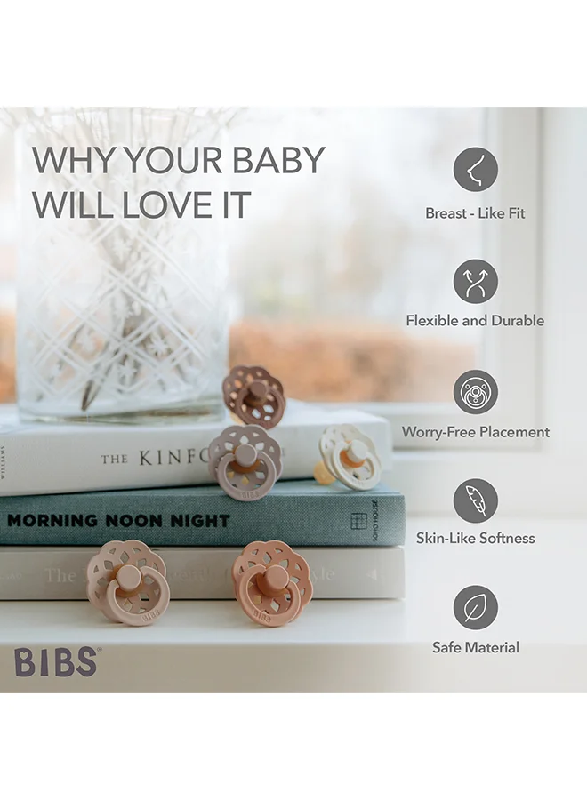 BIBS Baby Pacifier Boheme, Made with Natural Rubber Latex, Round Nipple, Mouth Skin Sensitive, Soft, Flexible, For Babies 6 Months and Above, BPA-free, Vanilla/ Peach Colour, Pack of 2, Size 2