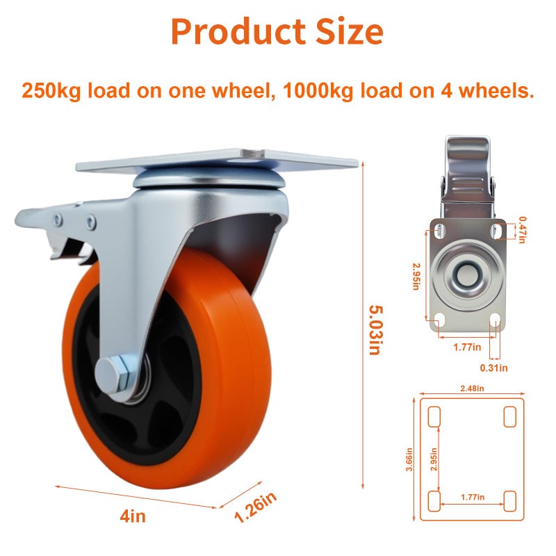 Htudcoue 6 Pcs 4 Inch Heavy Duty Casters,with Brake and Swivel Locking,6 casters Load Capacity 3300 lbs, for Furniture, Workbenches, Carts, Etc. - Image 2