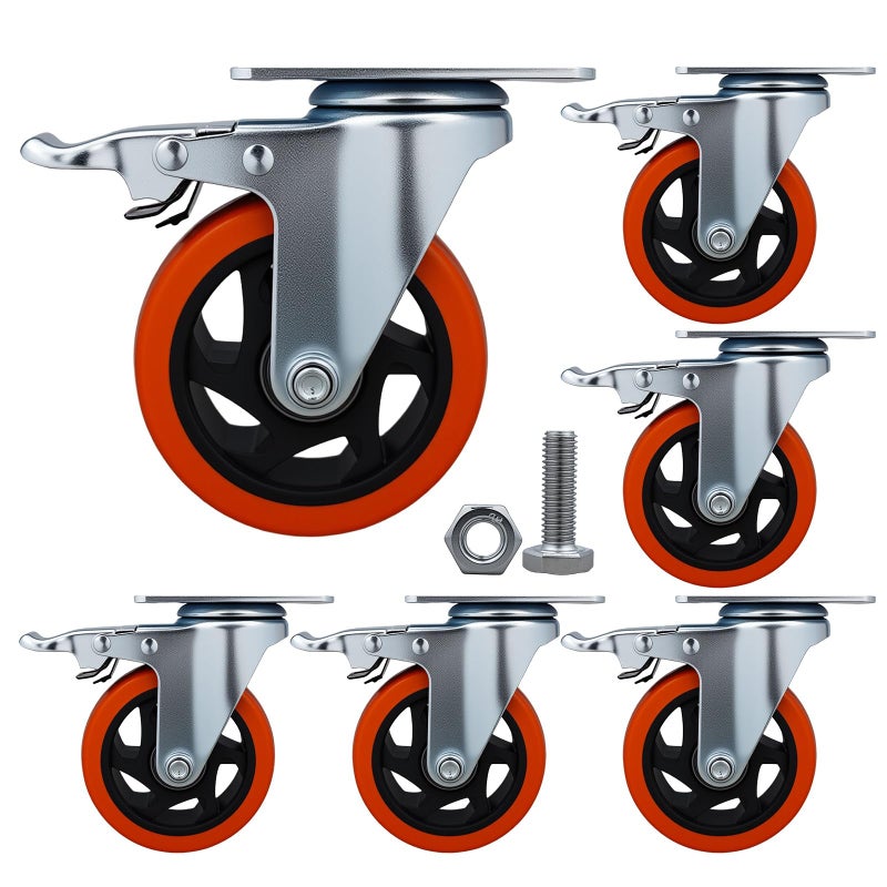 Htudcoue 6 Pcs 4 Inch Heavy Duty Casters,with Brake and Swivel Locking,6 casters Load Capacity 3300 lbs, for Furniture, Workbenches, Carts, Etc. - Image 1