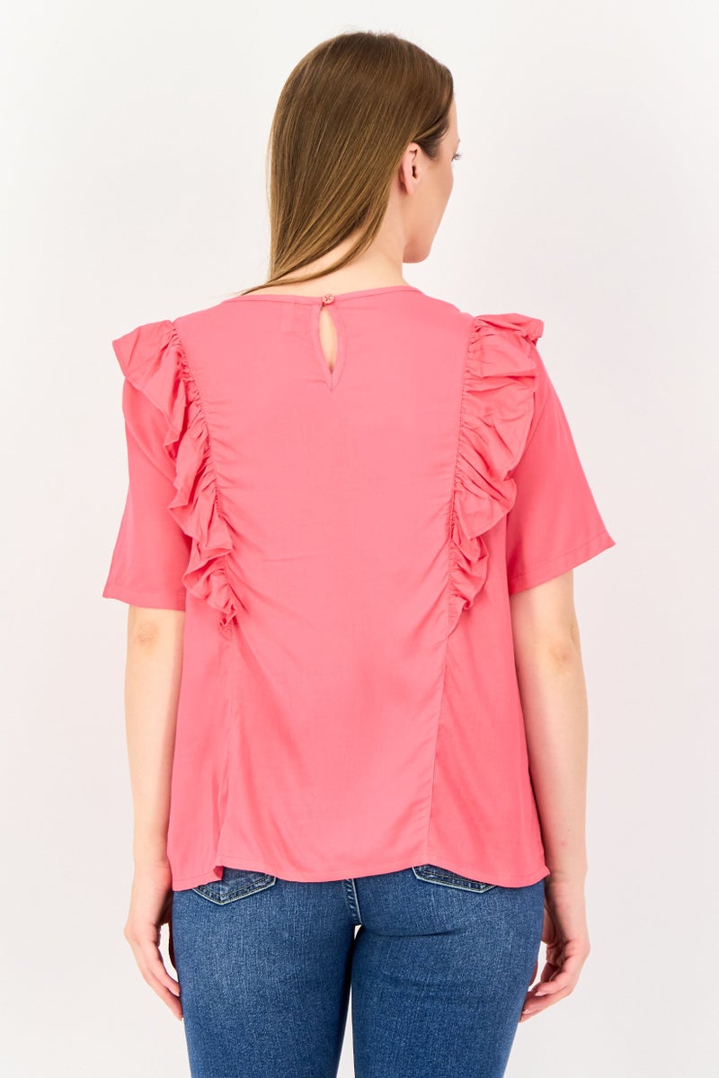 VERO MODA بلوزة نسائية بأكمام قصيرة وبتفاصيل كشكش على الرقبة، وردي داكن - Image 3