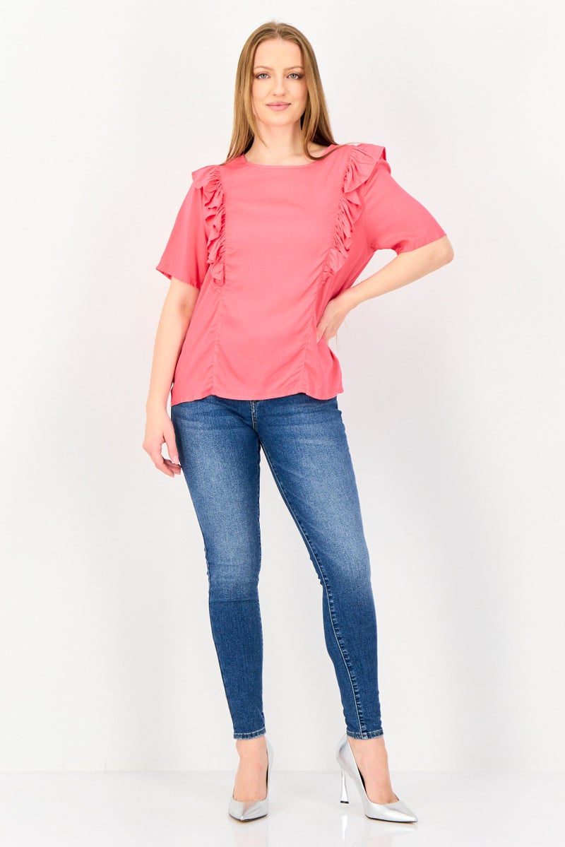 VERO MODA بلوزة نسائية بأكمام قصيرة وبتفاصيل كشكش على الرقبة، وردي داكن - Image 4