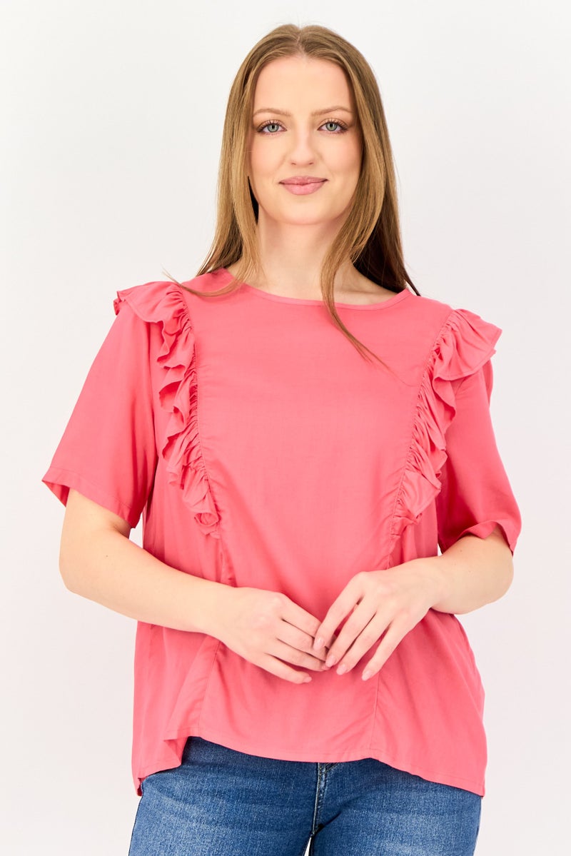 VERO MODA بلوزة نسائية بأكمام قصيرة وبتفاصيل كشكش على الرقبة، وردي داكن - Image 1