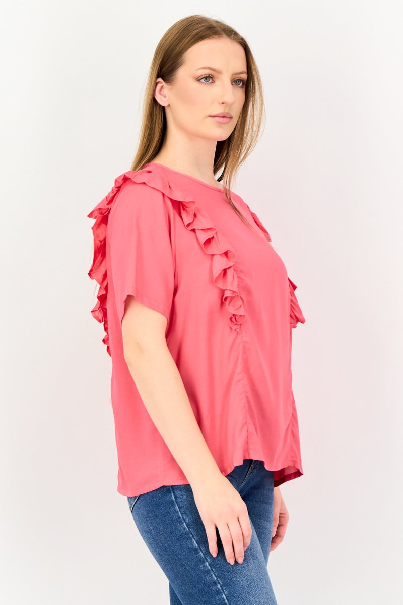 VERO MODA بلوزة نسائية بأكمام قصيرة وبتفاصيل كشكش على الرقبة، وردي داكن - Image 2