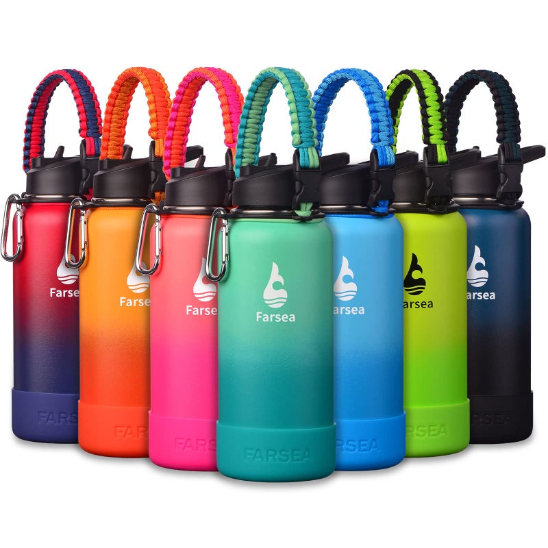 Farsea Insulated Water Bottle With Paracord Handle Protective Silicone Boot and 2 Lids Straw Lid Spout Lid Stainless Steel Water Bottle Wide Mouth Double Wall SweatProof BPAFree 32 oz