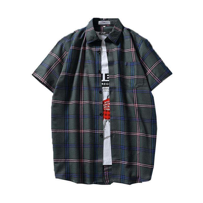 Unisex Plaid Shirt Short Sleeve Couples Ulzzang Red - Image 3