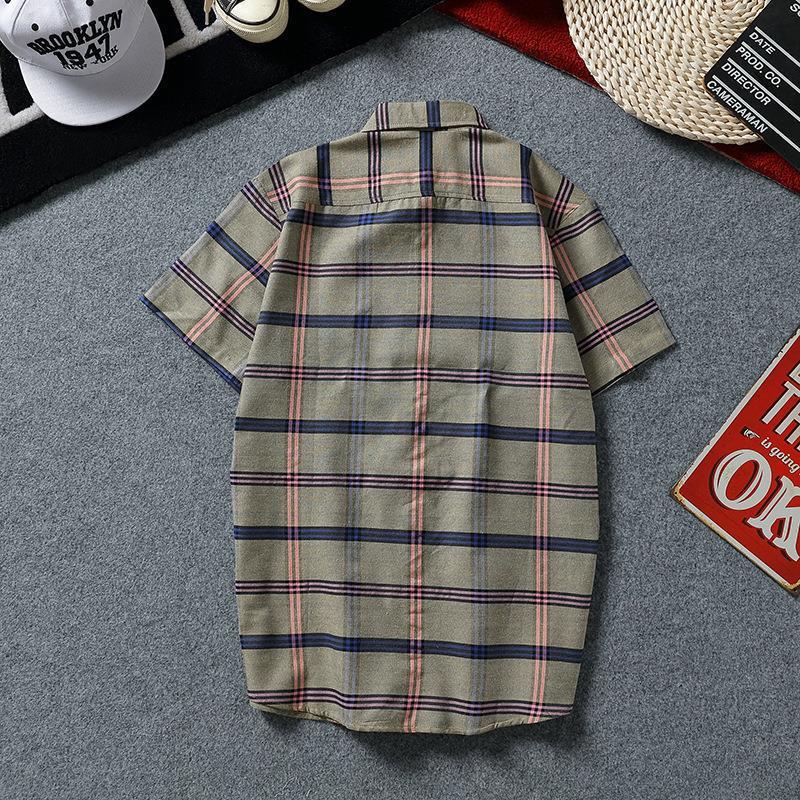 Unisex Plaid Shirt Short Sleeve Couples Ulzzang Red - Image 2