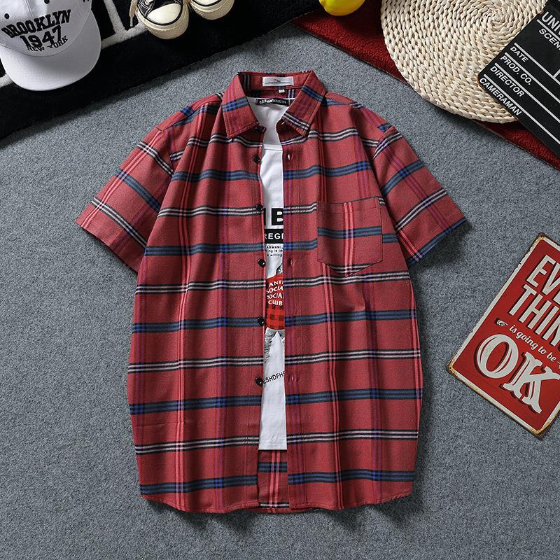 Unisex Plaid Shirt Short Sleeve Couples Ulzzang Red - Image 1