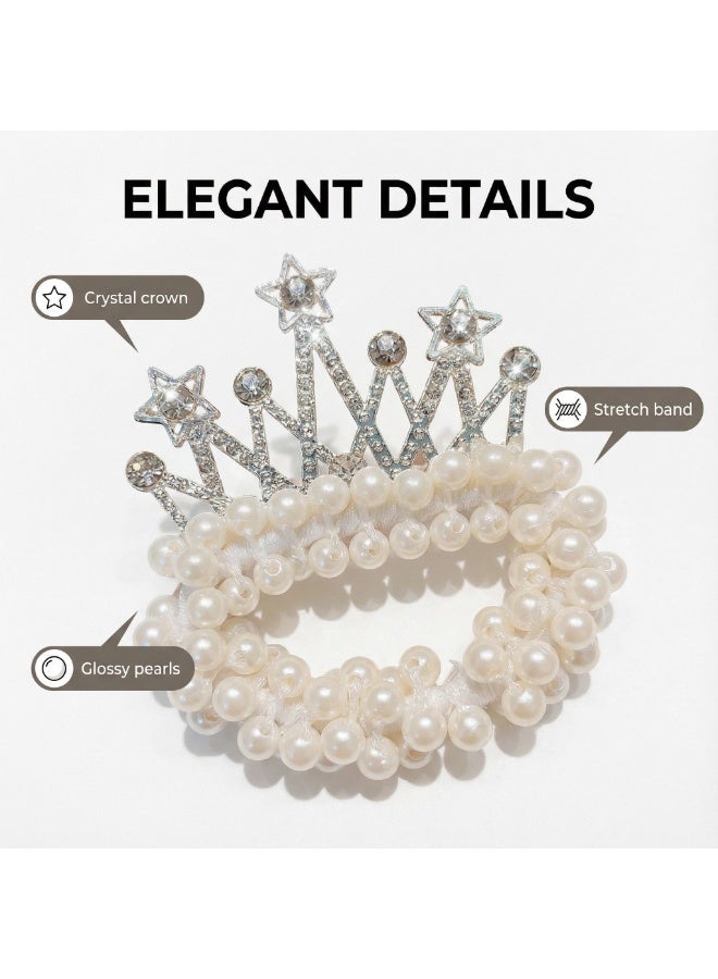 5 قطع من إكسسوارات الشعر المزينة بالخرز – ربطات شعر مطاطية بتاج كريستالي وخرز لؤلؤ أبيض، أربطة ذيل حصان وأربطة شعر على طراز الأميرات للفتيات - Image 4