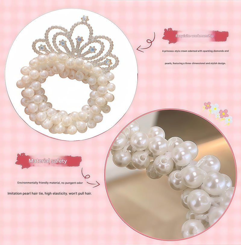 5 قطع من إكسسوارات الشعر المزينة بالخرز – ربطات شعر مطاطية بتاج كريستالي وخرز لؤلؤ أبيض، أربطة ذيل حصان وأربطة شعر على طراز الأميرات للفتيات - Image 5