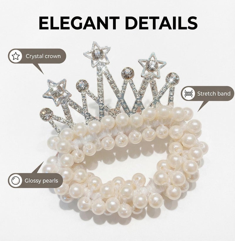 5-Piece Pearl & Crystal Crown Hair Scrunchies - Elastic Beaded Ponytail Holders for Girls - Image 2