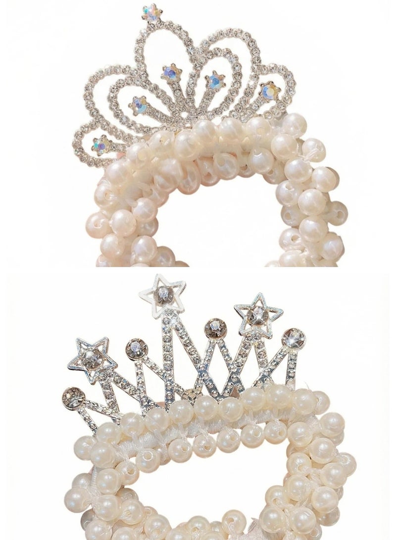 5-Piece Pearl & Crystal Crown Hair Scrunchies - Elastic Beaded Ponytail Holders for Girls - Image 1