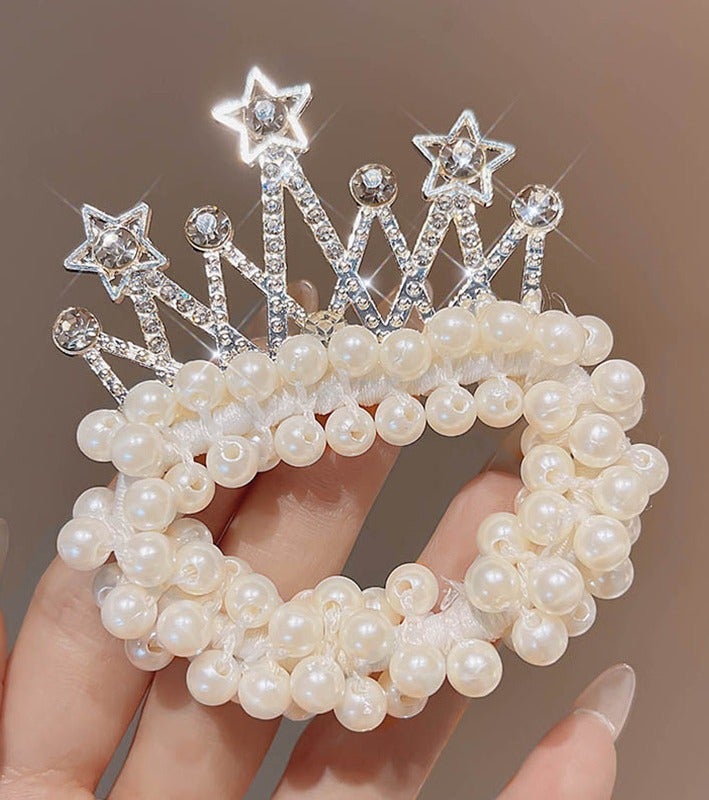 5-Piece Pearl & Crystal Crown Hair Scrunchies - Elastic Beaded Ponytail Holders for Girls - Image 5