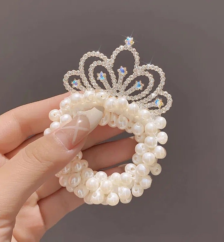 5-Piece Pearl & Crystal Crown Hair Scrunchies - Elastic Beaded Ponytail Holders for Girls - Image 4