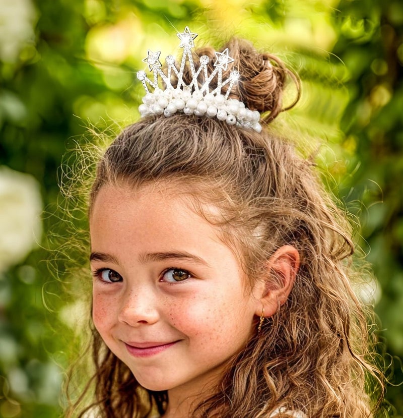 5-Piece Pearl & Crystal Crown Hair Scrunchies - Elastic Beaded Ponytail Holders for Girls - Image 3