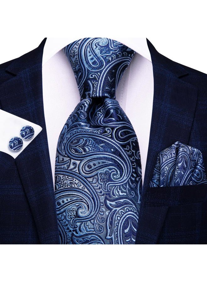 Hi-Tie Men Stripes Tie Handkerchief Necktie with Cufflinks and Pocket Square Tie Set (1430) - Image 3