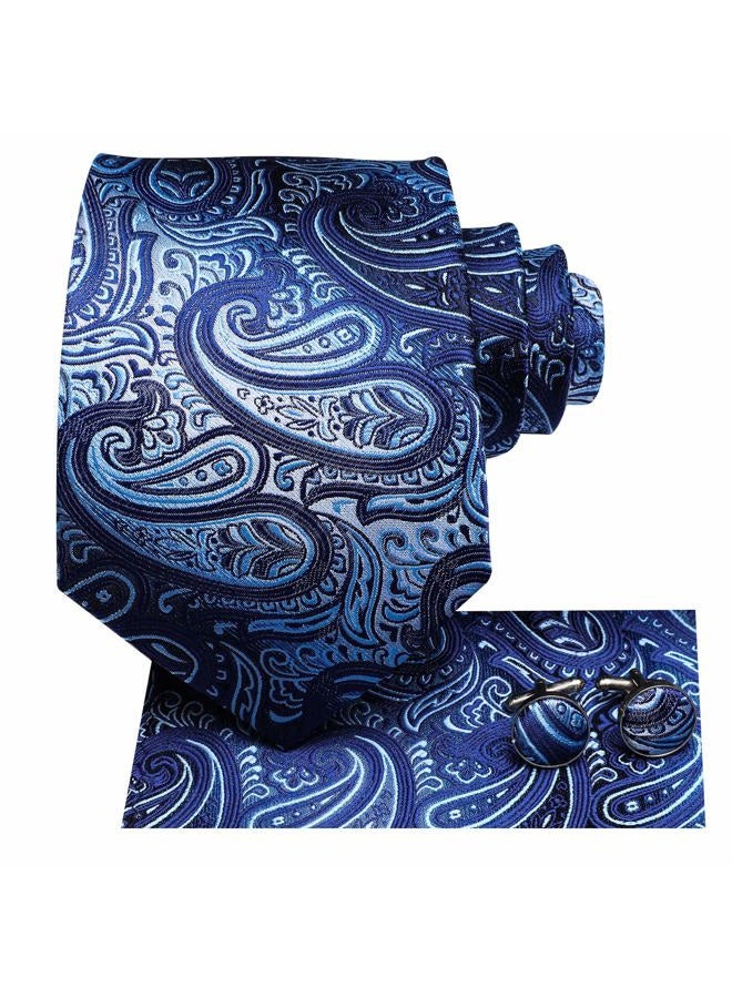 Hi-Tie Men Stripes Tie Handkerchief Necktie with Cufflinks and Pocket Square Tie Set (1430) - Image 2