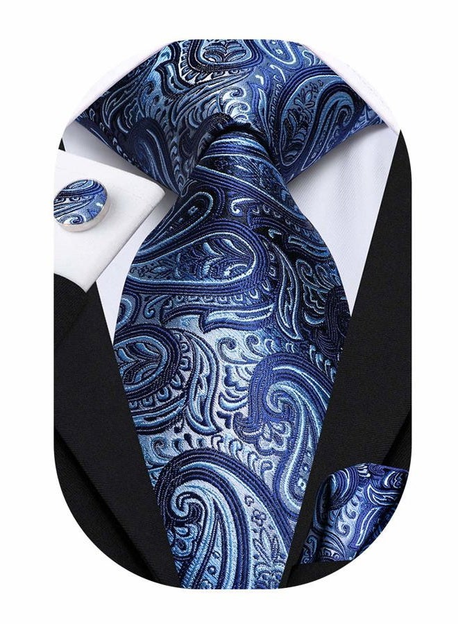 Hi-Tie Men Stripes Tie Handkerchief Necktie with Cufflinks and Pocket Square Tie Set (1430) - Image 1