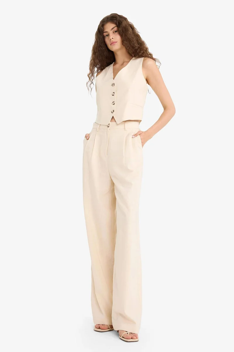 ديفاكتو Wide Leg Double Pocket Linen Blended Trousers