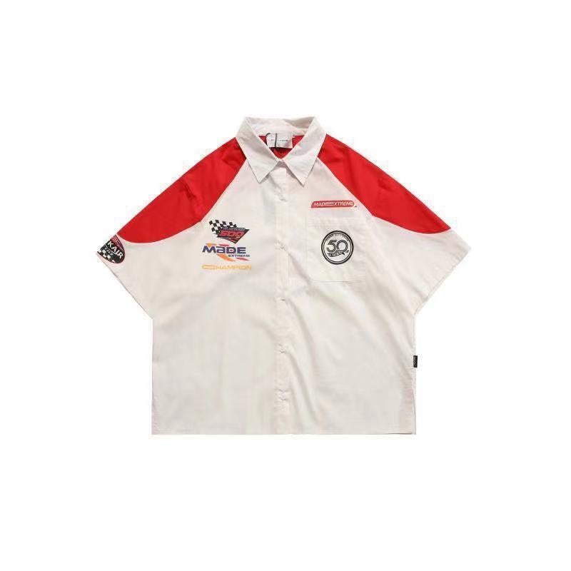 Generic American retro hiphop fried street racing suit shirt mens short sleeve summer loose ins fashion brand motorcycle thin shirt 61 white printed