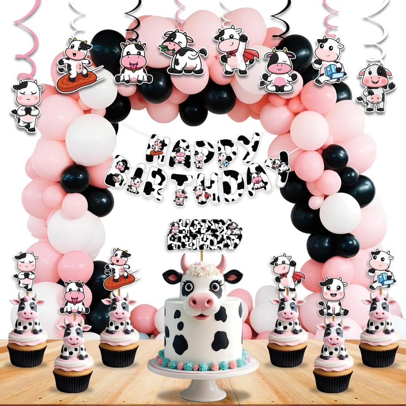 Festiko® Holy Cow Theme Birthday Decorations - Pack of 50 Pcs (Banner/Balloons/Swirls/ Cake & Cupcake Toppers), Cow Theme Happy Birthday Decoration, Cow Theme Party Decoration Supplies - Image 1
