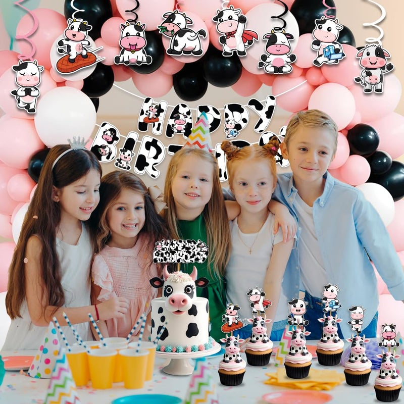 Festiko® Holy Cow Theme Birthday Decorations - Pack of 50 Pcs (Banner/Balloons/Swirls/ Cake & Cupcake Toppers), Cow Theme Happy Birthday Decoration, Cow Theme Party Decoration Supplies - Image 4
