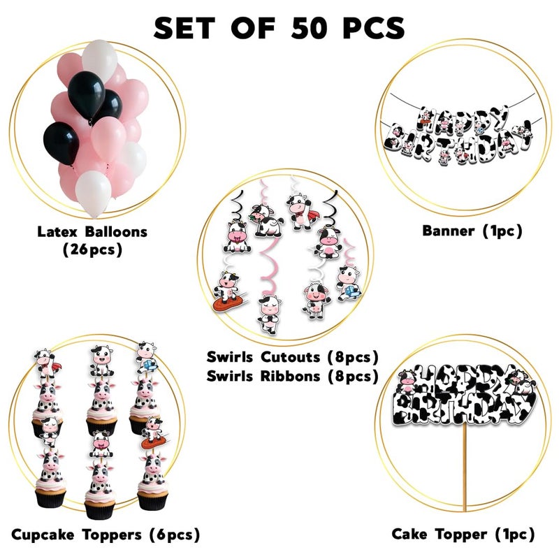 Festiko® Holy Cow Theme Birthday Decorations - Pack of 50 Pcs (Banner/Balloons/Swirls/ Cake & Cupcake Toppers), Cow Theme Happy Birthday Decoration, Cow Theme Party Decoration Supplies - Image 2