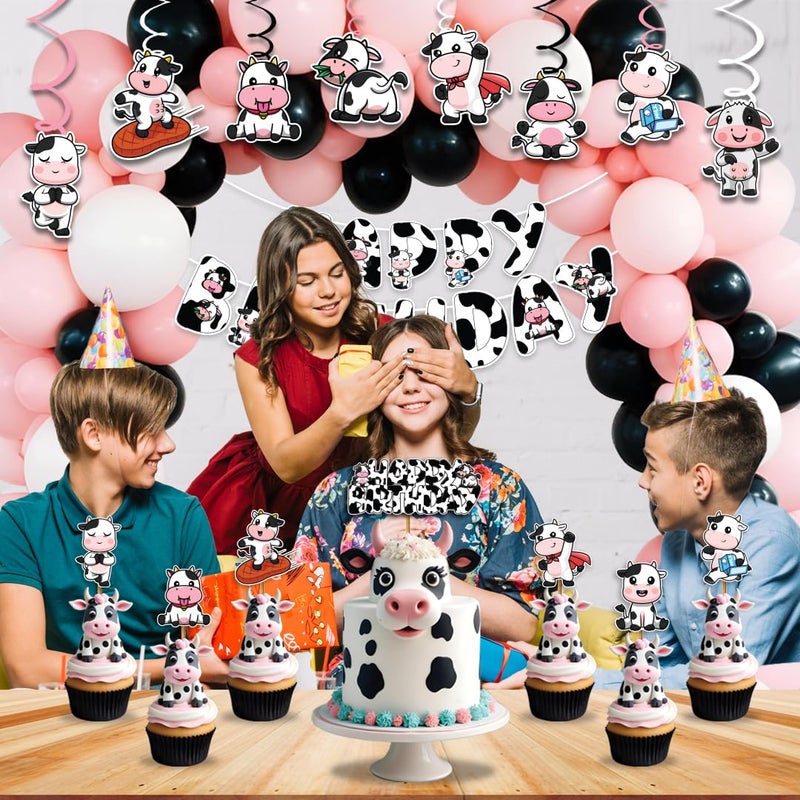 Festiko® Holy Cow Theme Birthday Decorations - Pack of 50 Pcs (Banner/Balloons/Swirls/ Cake & Cupcake Toppers), Cow Theme Happy Birthday Decoration, Cow Theme Party Decoration Supplies - Image 3