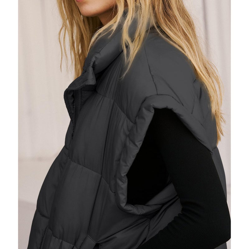 Songling Womens Oversized Puffer Vest Stand Collar Full Zip Sleeveless Bubble Puffer Vest Quilted Padded Warm Coat Outwear (Black,L) - Image 2