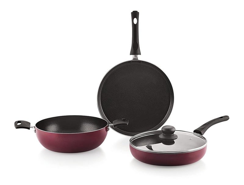 MAHALAXMI Trading Company | Sonu Galaxy Gift Set containing Tawa, Frypan, and Kadai, Induction Base, Healthy and Safe Cooking, Dishwasher Safe, Non Stick Coating, Easy to Clean, Durable, Red 