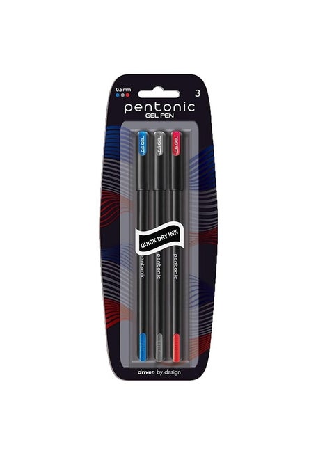 Pentonic Gel Pen Blister Pack | Tip Size 0.6 mm | Click Off Mechanism With Black Matte Finish Body | Quick Dry, Waterproof Ink For Smooth Writing Experience | Assorted Ink, Pack Of 3
