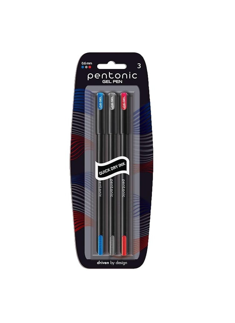 Pentonic Pentonic Gel Pen Blister Pack | Tip Size 0.6 mm | Click Off Mechanism With Black Matte Finish Body | Quick Dry, Waterproof Ink For Smooth Writing Experience | Assorted Ink, Pack Of 3  - Image 1
