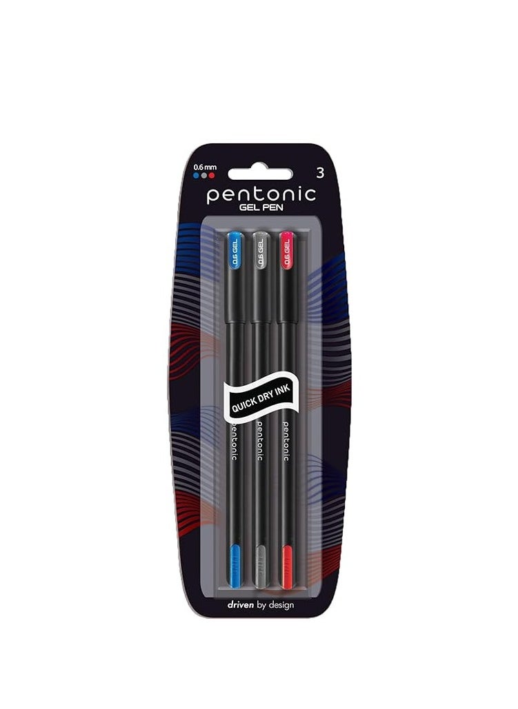 Pentonic Pentonic Gel Pen Blister Pack | Tip Size 0.6 mm | Click Off Mechanism With Black Matte Finish Body | Quick Dry, Waterproof Ink For Smooth Writing Experience | Assorted Ink, Pack Of 3  - Image 2