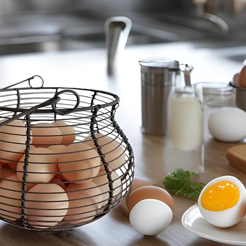 LINCOUNTRY. Farmhouse Wire Egg Baskets for Gathering Fresh Egg With Handle, Round Metal Chicken Basket Collecting Fresh Egg Holder, Vintage Style for Countertop Kitchen - Image 3