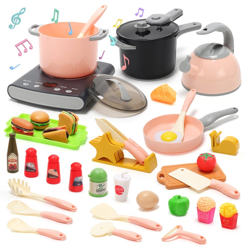 CUTE STONE Play Kitchen Accessories Set Kids Cooking Toys Set with Play Pots and Pans Electronic Induction Cooktop with Sound and Light Cookware Utensils Kids Kitchen Set Kitchen Toys for Kids - Image 2