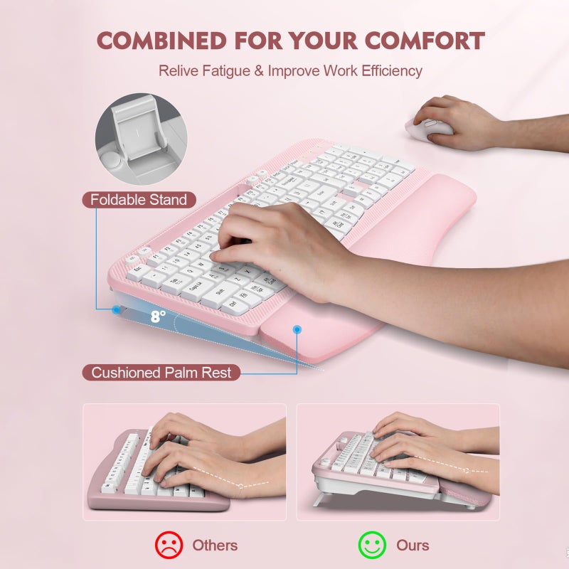 EAYBLLY Wireless Keyboard and Mouse Combo, Wave Keys Full-Sized Ergonomic Keyboard with Cushioned Plam Rest, Phone Holder, Comfortable Natural Typing, 2.4G Cordless Set for Computer, Laptop, Pc, Mac, Windows - Image 4