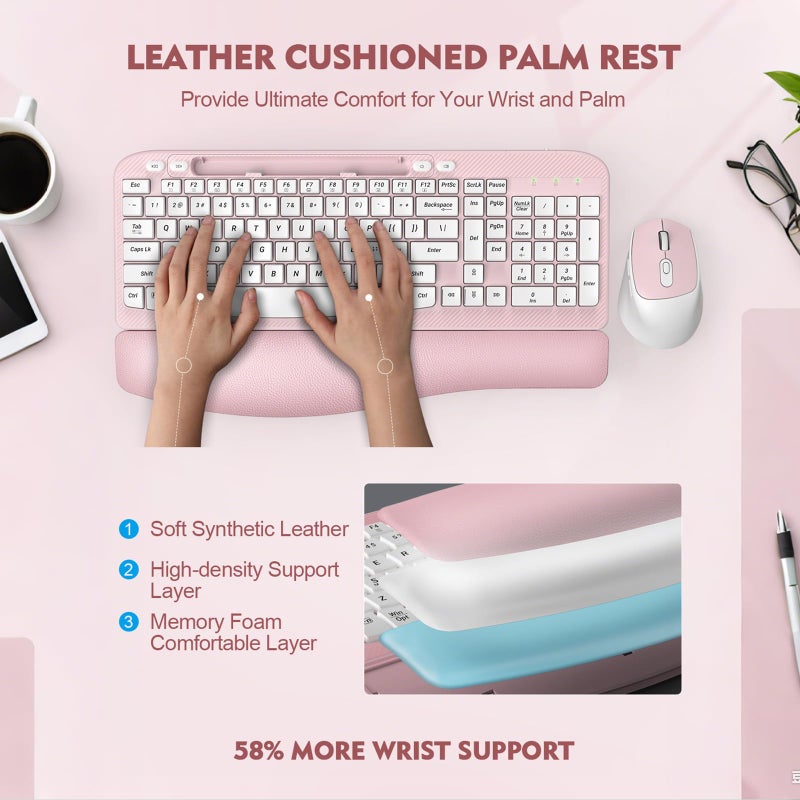 EAYBLLY Wireless Keyboard and Mouse Combo, Wave Keys Full-Sized Ergonomic Keyboard with Cushioned Plam Rest, Phone Holder, Comfortable Natural Typing, 2.4G Cordless Set for Computer, Laptop, Pc, Mac, Windows - Image 2