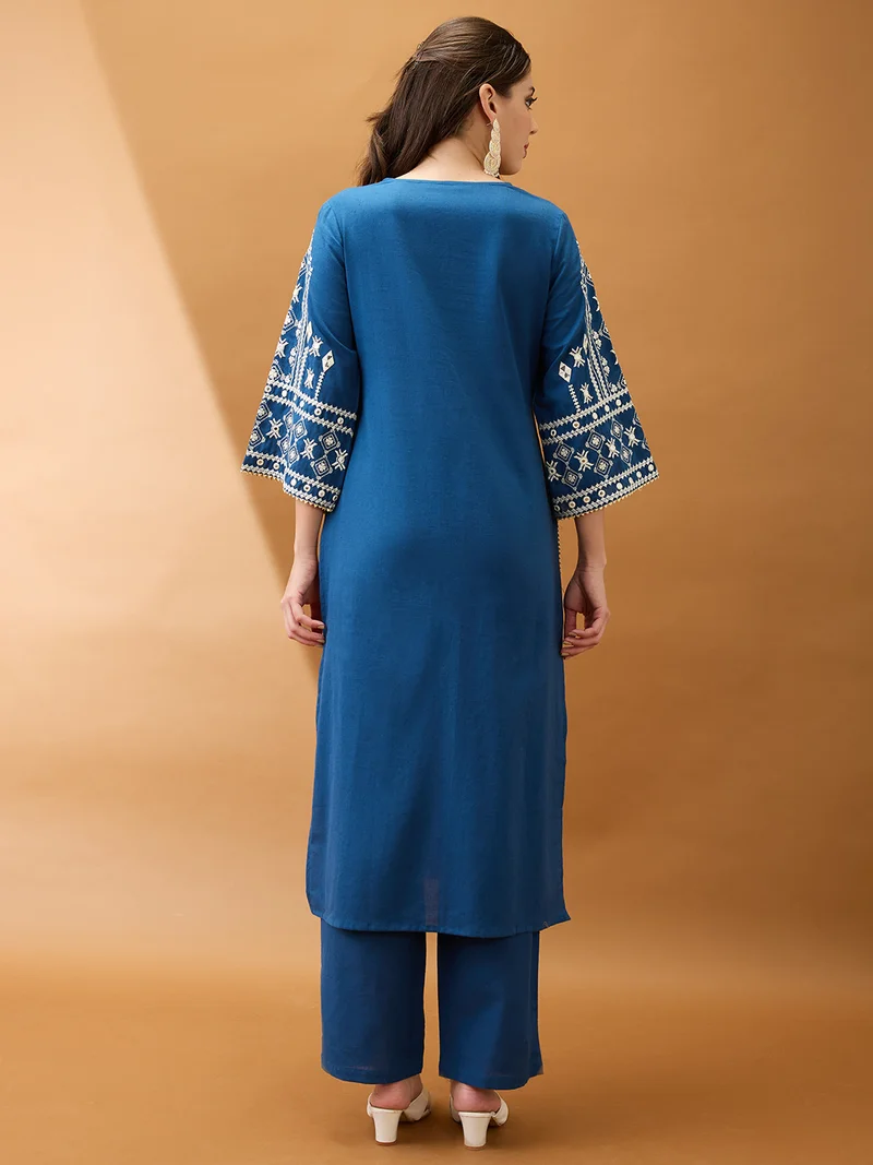 globus Women Blue V-Neck Bell Sleeves Embroidered & Mirror Work Detail Gotta Lace Straight Kurta With Pant Festive Set