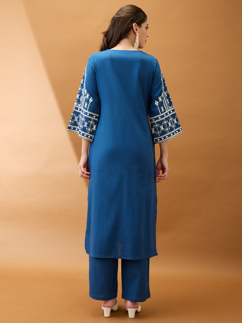 globus Globus Women Blue V-Neck Bell Sleeves Embroidered & Mirror Work Detail Gotta Lace Straight Kurta With Pant Festive Set - Image 3