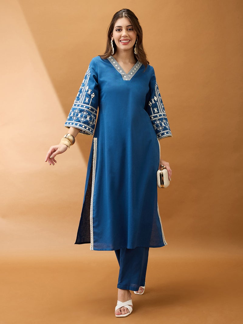 globus Globus Women Blue V-Neck Bell Sleeves Embroidered & Mirror Work Detail Gotta Lace Straight Kurta With Pant Festive Set - Image 1