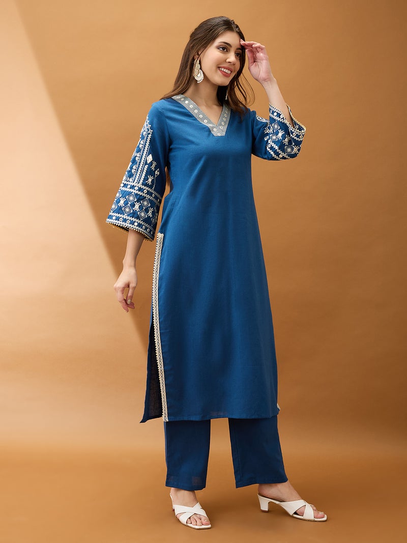 globus Globus Women Blue V-Neck Bell Sleeves Embroidered & Mirror Work Detail Gotta Lace Straight Kurta With Pant Festive Set - Image 2