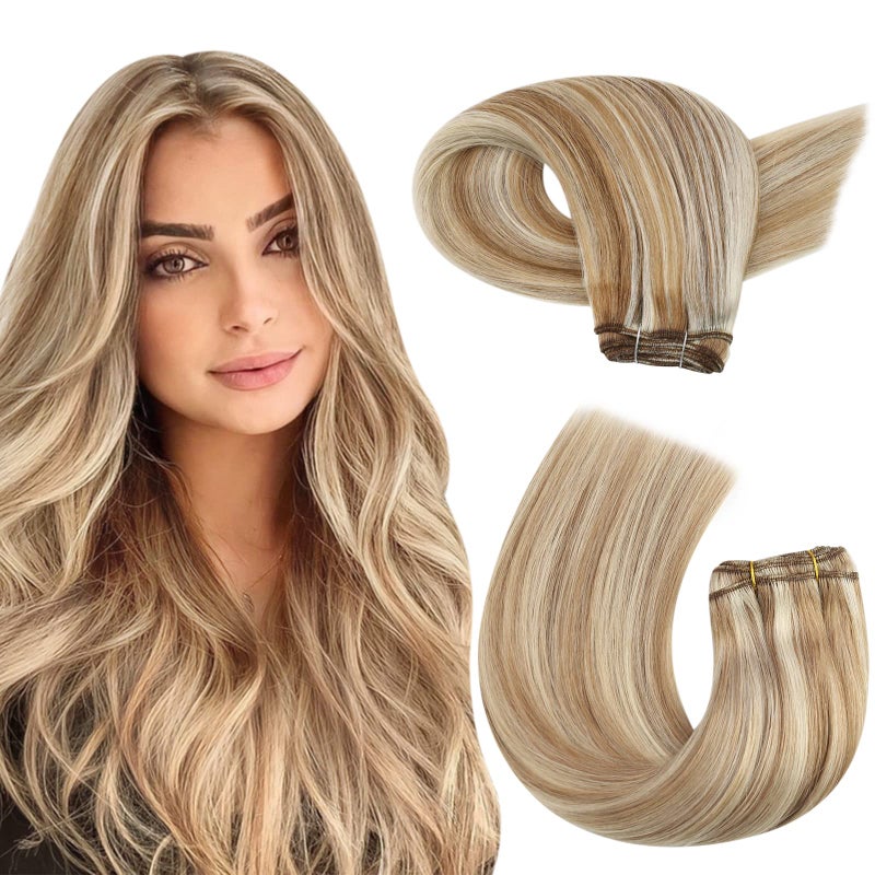 Moresoo Human Hair Extensions Sew in Blonde Highlight Weft Bundles Human Hair Medium Brown Highlighted with Blonde Hair Weft Extensions Real Human Hair 100g 24 Inch