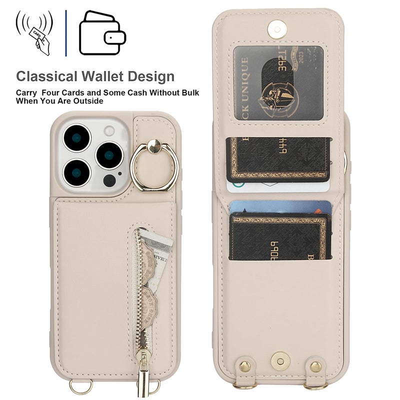 Crossbody Wallet Case for iPhone 14 Pro Max with Lanyard Strap Card Slot Holder RFID Blocking Ring Kickstand,Magnetic Flip Folio Zipper Purse Case, PU Leather Cover Handbag,Beige - Image 5