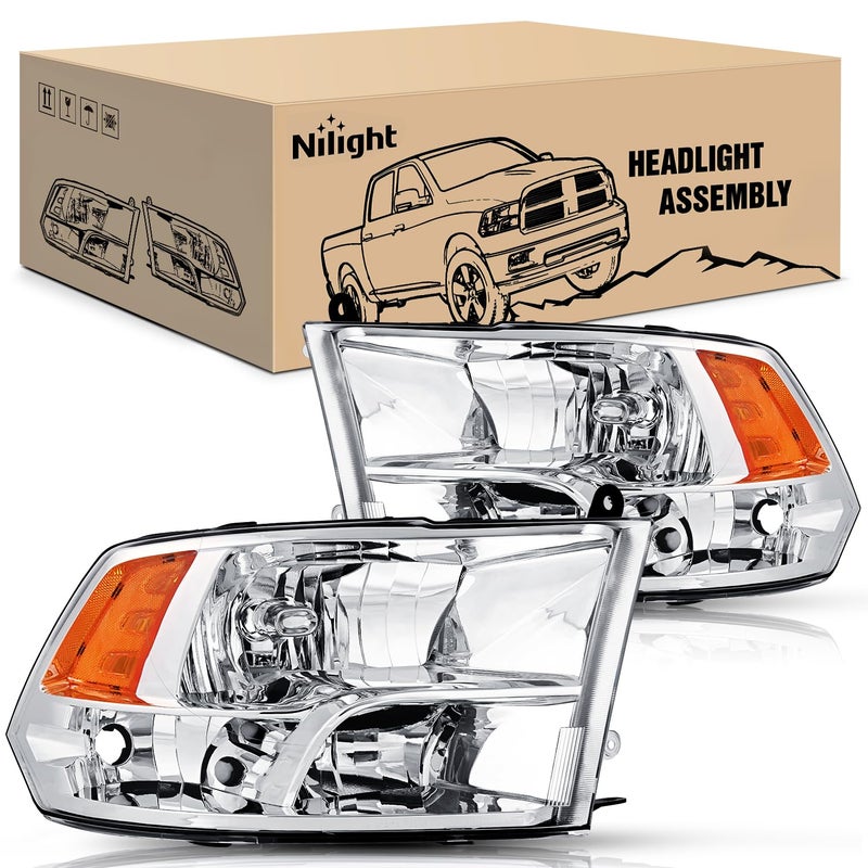 Nilight Headlight Assembly 2009 2010 2011 2012 2013 2014 2015 2016 2017 2018 Ram 1500 2500 3500 Pickup Quad Headlamp Assembly Replacement Chrome Housing Amber Corner Clear LensOnly for Quad Models