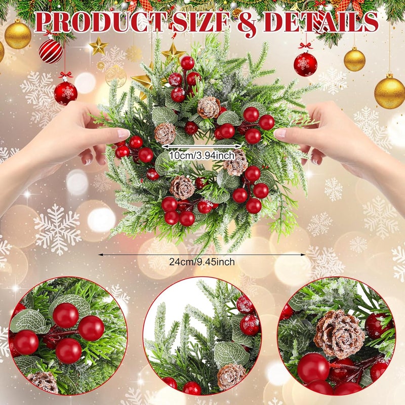 Dingion 8 Pcs Mini Christmas Kitchen Cabinet Wreath Small Christmas Wreath Decorations Norfolk Pine Artificial Berries Snowy Pine Garland with Red Ribbon for Xmas Table Centerpiece Front Door Decor - Image 2