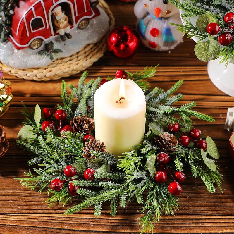 Dingion 8 Pcs Mini Christmas Kitchen Cabinet Wreath Small Christmas Wreath Decorations Norfolk Pine Artificial Berries Snowy Pine Garland with Red Ribbon for Xmas Table Centerpiece Front Door Decor - Image 3