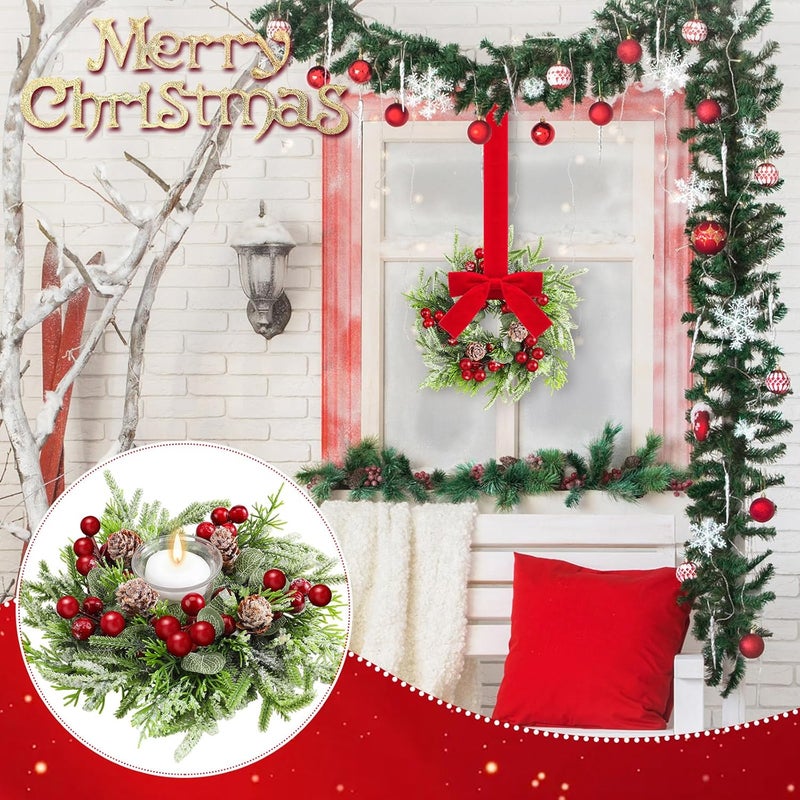 Dingion 8 Pcs Mini Christmas Kitchen Cabinet Wreath Small Christmas Wreath Decorations Norfolk Pine Artificial Berries Snowy Pine Garland with Red Ribbon for Xmas Table Centerpiece Front Door Decor - Image 4