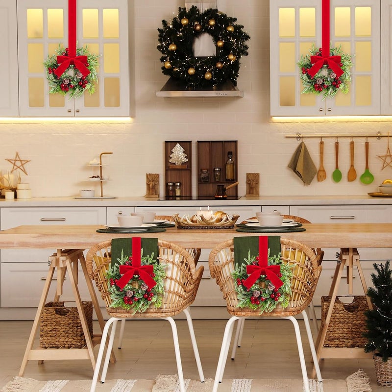 Dingion 8 Pcs Mini Christmas Kitchen Cabinet Wreath Small Christmas Wreath Decorations Norfolk Pine Artificial Berries Snowy Pine Garland with Red Ribbon for Xmas Table Centerpiece Front Door Decor - Image 5